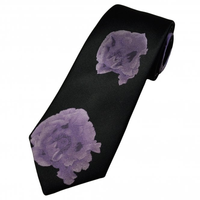 Black & Lilac Floral Pattern Men's Silk Tie