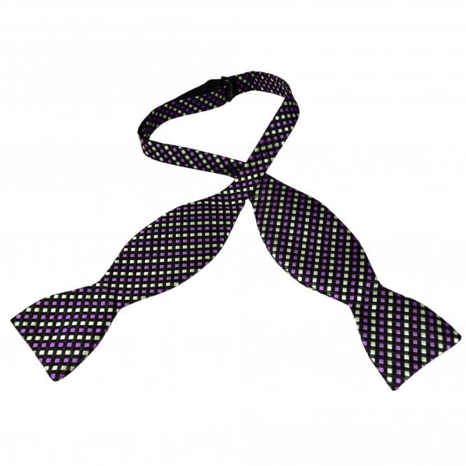 Black, Lilac & Silver Checked Men's Self Tie Bow Tie
