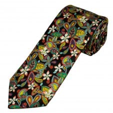 Black & Multi Coloured Flowers & Paisley Patterned Men's Silk Tie Made with Liberty Fabric