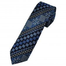 Black, Navy, Denim Blue & White Pattern Men's Silk Skinny Tie