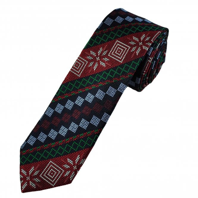 Black, Navy, Green, Red, Sky Blue & White Pattern Men's Silk Skinny Tie