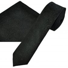 Black Paisley Pattern Men's Skinny Tie & Pocket Square Handkerchief Set
