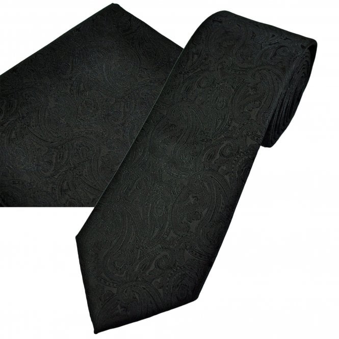 Black Paisley Pattern Men's Tie & Pocket Square Handkerchief Set