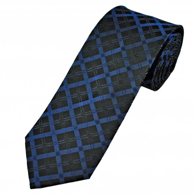 Black & Petrol Blue Checked Pattern Men's Silk Tie