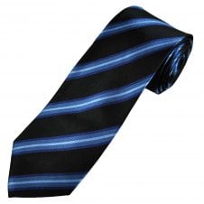 Black, Royal Blue, Light Blue & Slate Blue Striped Luxury Silk Men's Tie