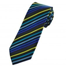 Black, Shades of Blue & Bright Yellow Striped Men's Extra Long Tie