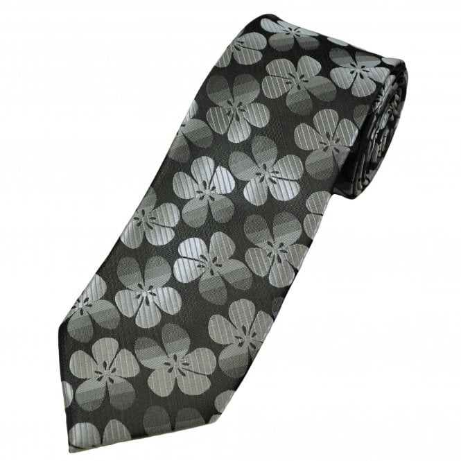 Black & Shades Of Grey Flower Pattern Men's Tie