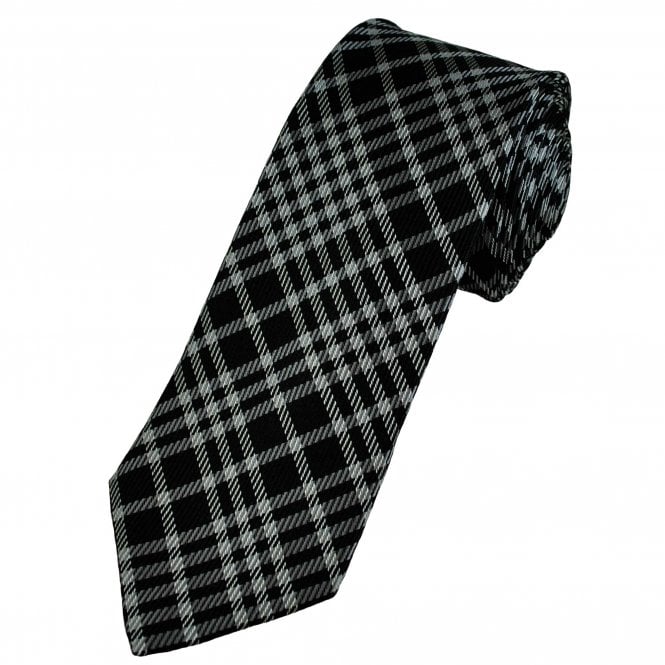 Black & Silver Grey Checked Luxury Silk Men's Tie