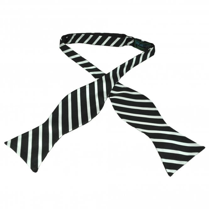 Black & Silver White Striped Men's Self Tie Bow Tie