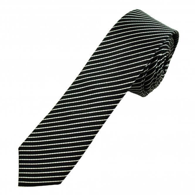 Black & Silver White Striped Men's Silk Skinny Tie