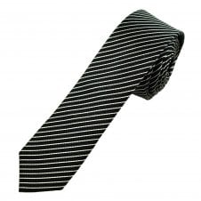 Black & Silver White Striped Men's Silk Skinny Tie