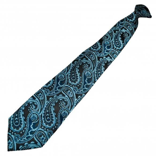 Black, Sky Blue & Royal Blue Paisley Patterned Men's Clip On Tie