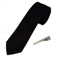 Black Striped Men's Skinny Tie with Tie Clip