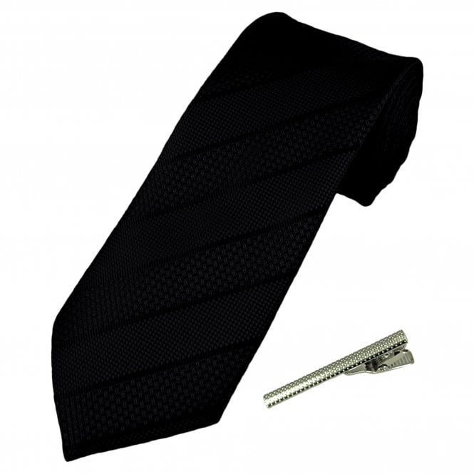 Black Striped Men's Tie with Tie Clip
