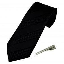 Black Striped Men's Tie with Tie Clip