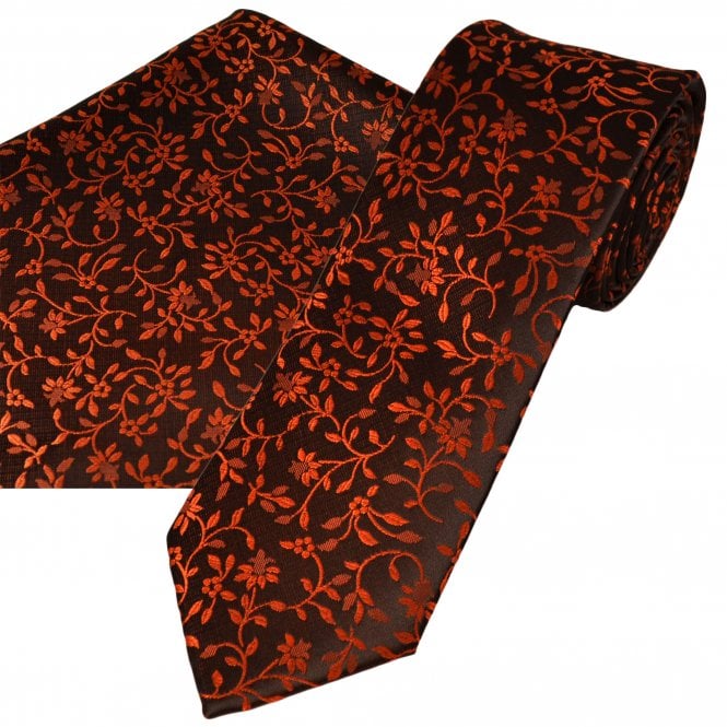 Black & Vermilion Floral Pattern Men's Tie & Pocket Square Handkerchief Set