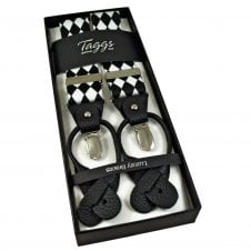 Black & White Diamond Harlequin Checkerboard Men's Trouser Braces - Dual 2-in-1 Black Leather Ends & Silver Clips