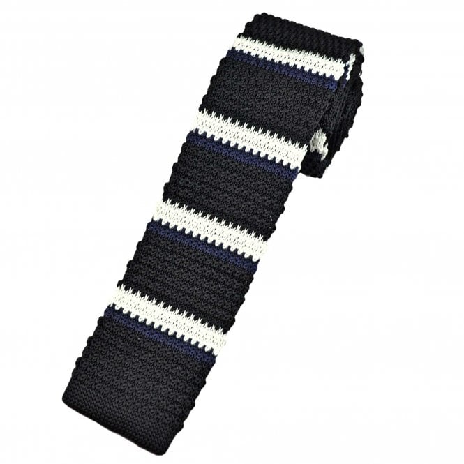 Black, White & French Navy Horizontal Stripe Men's Skinny Knitted Tie