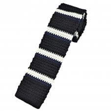 Black, White & French Navy Horizontal Stripe Men's Skinny Knitted Tie