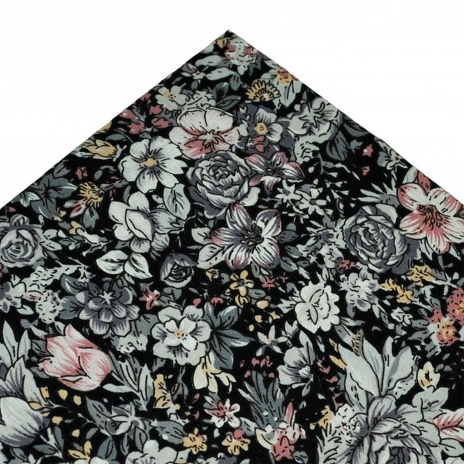 Black, White, Grey & Pink Flower Patterned Designer Pocket Square Handkerchief