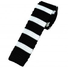 Black & White Horizontal Stripe Men's Skinny Knitted Tie