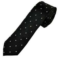 Black With White Stars Patterned Men's Silk Skinny Tie