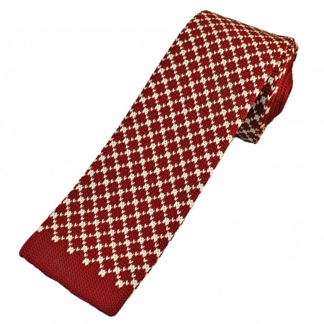 Blood Red & Ivory Diamond Pattern Men's Knitted Tie