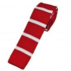 Blood Red & White Horizontal Stripe Men's Skinny Knitted Tie