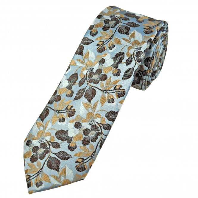 Blue, Brown, Caramel Gold & White Flower Pattern Men's Tie