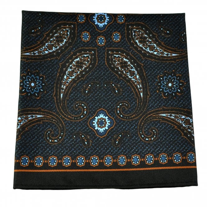 Blue & Copper Orange Paisley Pocket Square Handkerchief