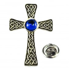 Blue Gem Celtic Cross Pewter Lapel Pin Badge