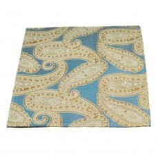 Blue & Gold Beige Paisley Patterned Silk Pocket Square Handkerchief