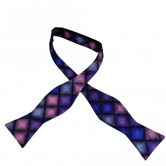 Blue, Purple, Pink & Silver Square Patterned Silk Self Tie Bow Tie