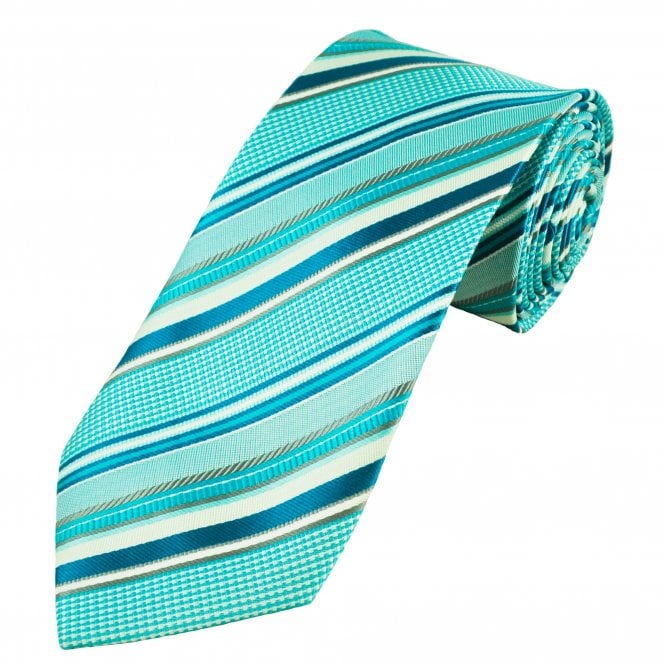 Blue, Silver, Turquoise & White Striped Patterned Men's Extra Long Tie