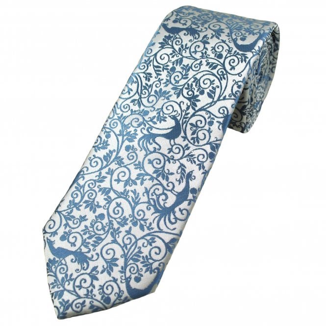 Blue & Silver White Abstract Peacock Pattern Men's Tie