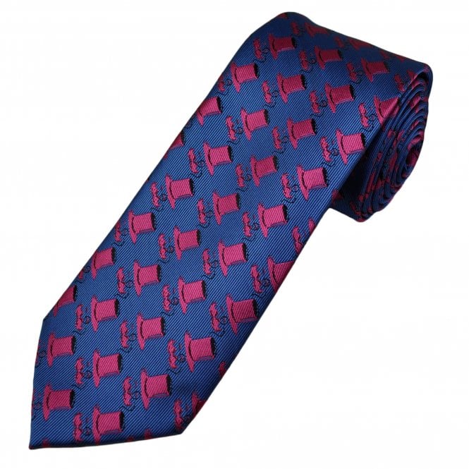 Blue with Cerise Pink Top Hat & Moustache Men's Novelty Tie