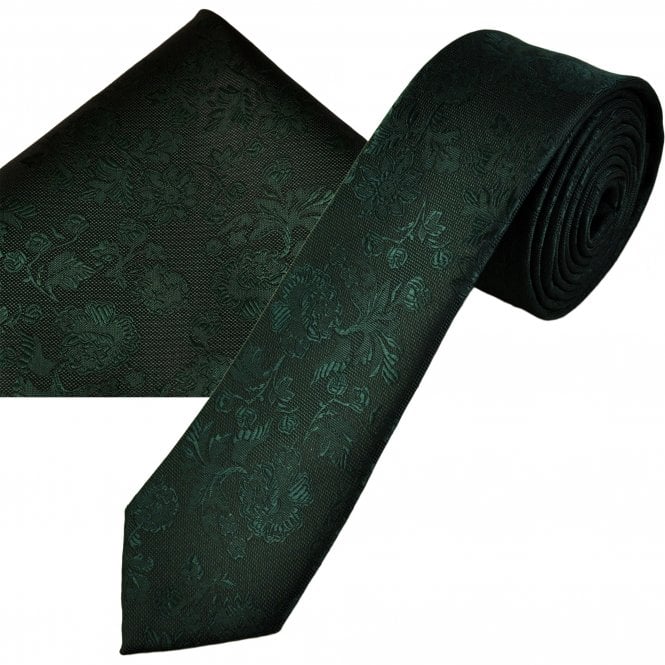Bottle Green Floral Pattern Men's Skinny Tie & Pocket Square Handkerchief Set
