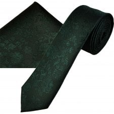 Bottle Green Floral Pattern Men's Skinny Tie & Pocket Square Handkerchief Set