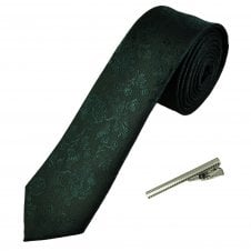 Bottle Green Floral Pattern Men's Skinny Tie with Tie Clip