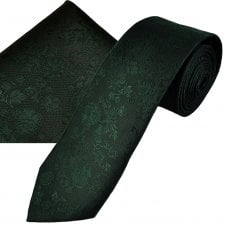 Bottle Green Floral Pattern Men's Tie & Pocket Square Handkerchief Set