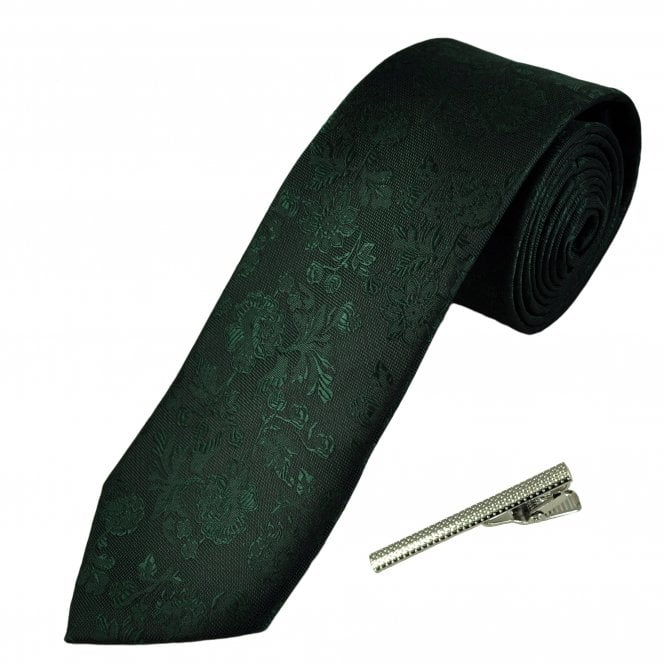 Bottle Green Floral Pattern Men's Tie with Tie Clip