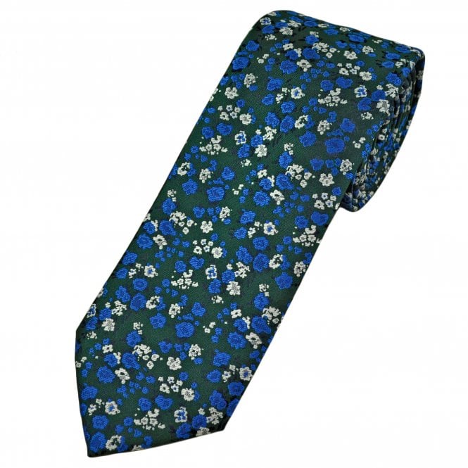 Bottle Green, Royal Blue & Silver Floral Pattern Men's Tie