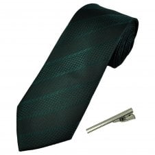 Bottle Green Striped Men's Tie with Tie Clip
