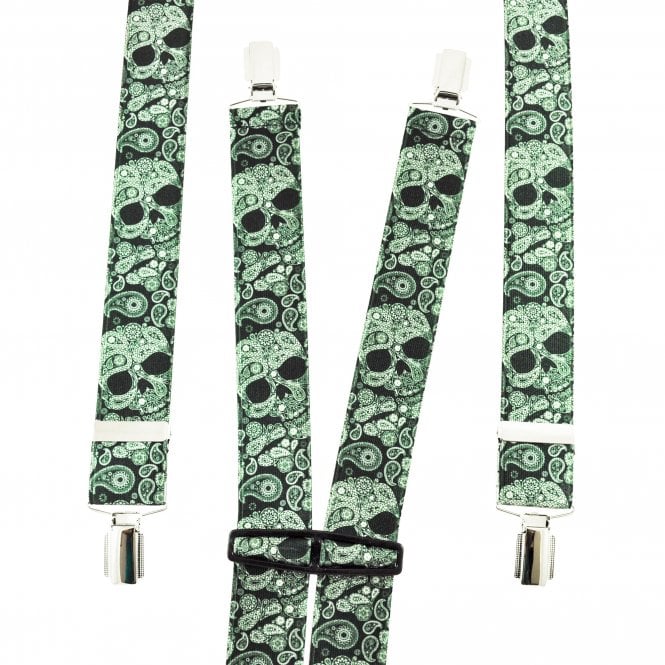 Bottle Green & White Paisley & Skull Patterned Men's Trouser Braces