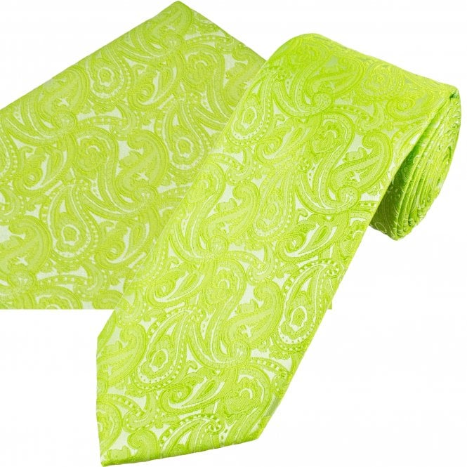 Bright Green Paisley Pattern Men's Tie & Pocket Square Handkerchief Set