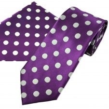Bright Purple & Silver White Polka Dot Men's Tie & Pocket Square Handkerchief Set 