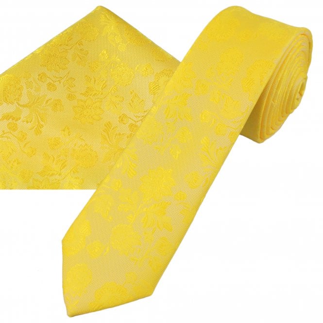 Bright Yellow Floral Pattern Men's Skinny Tie & Pocket Square Handkerchief Set
