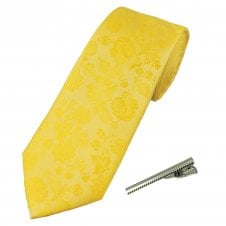Bright Yellow Floral Pattern Men's Tie with Tie Clip