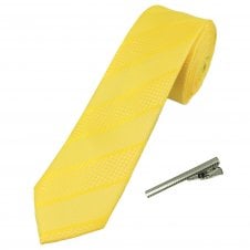 Bright Yellow Striped Men's Skinny Tie with Tie Clip
