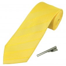 Bright Yellow Striped Men's Tie with Tie Clip